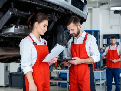 Modern automotive diagnostic equipment and tools in professional repair facility