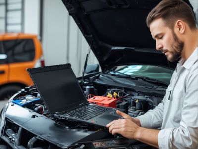 Automotive electrical system testing with professional multimeter and diagnostic equipment