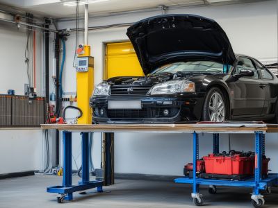 Professional automotive brake system inspection with diagnostic tools and brake testing equipment