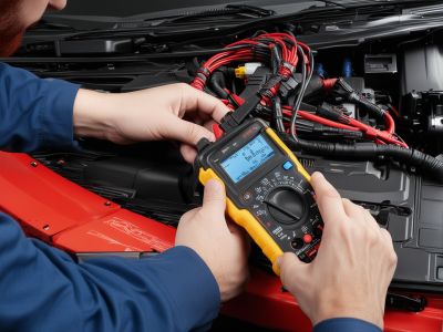 Professional automotive technician testing electrical systems with multimeter and diagnostic equipment