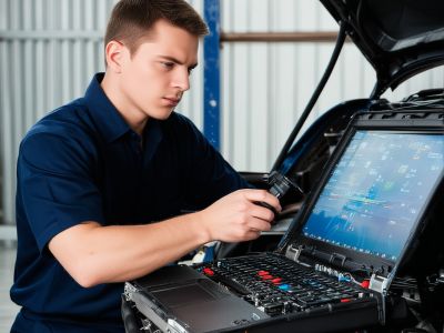 Professional automotive technician performing engine diagnostics with computer scanner in modern repair facility