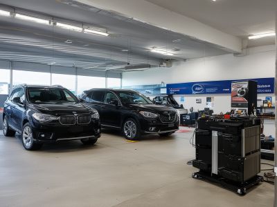 Professional automotive diagnostic facility with modern equipment and comfortable customer areas